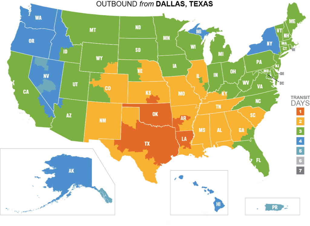 Shipping Map of Dallas Texas